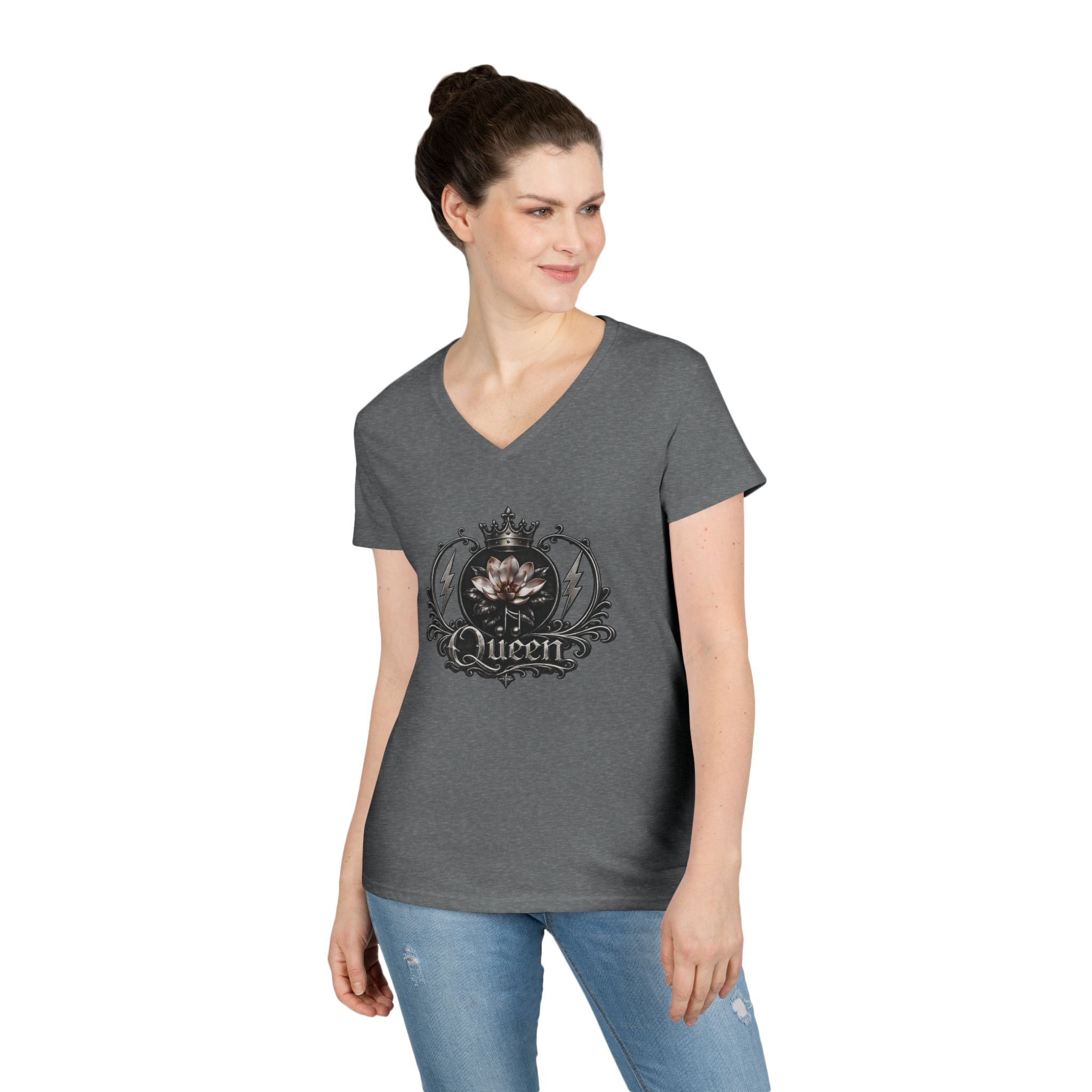 Queen - Skull V-Neck Tee — Gothic Floral Crown Ladies' T-Shirt