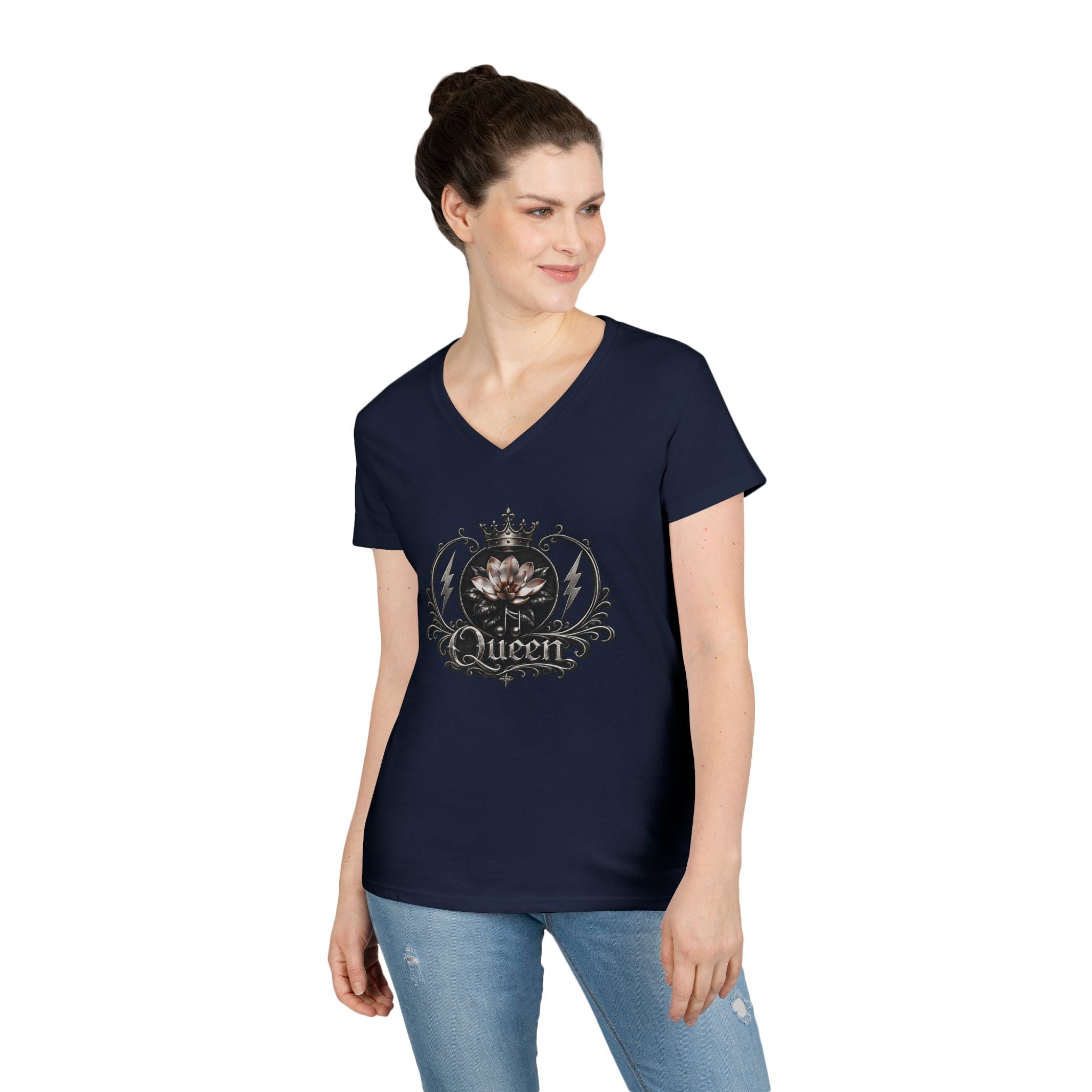 Queen - Skull V-Neck Tee — Gothic Floral Crown Ladies' T-Shirt