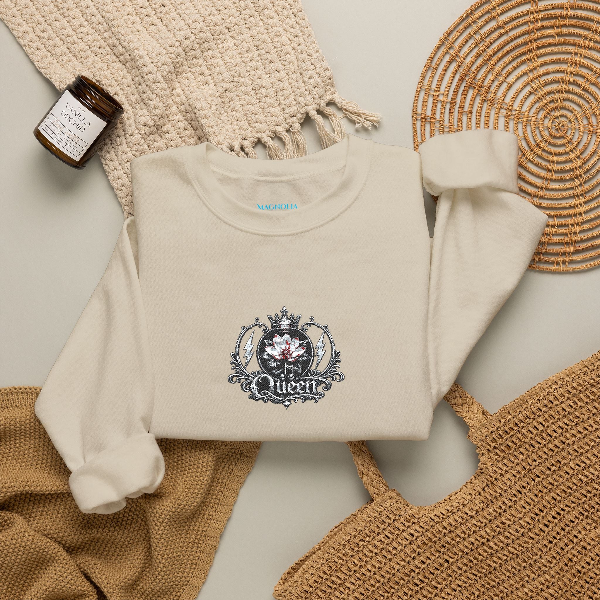 Queen - Floral Crest Crewneck Sweatshirt — Small Vintage Rose Emblem