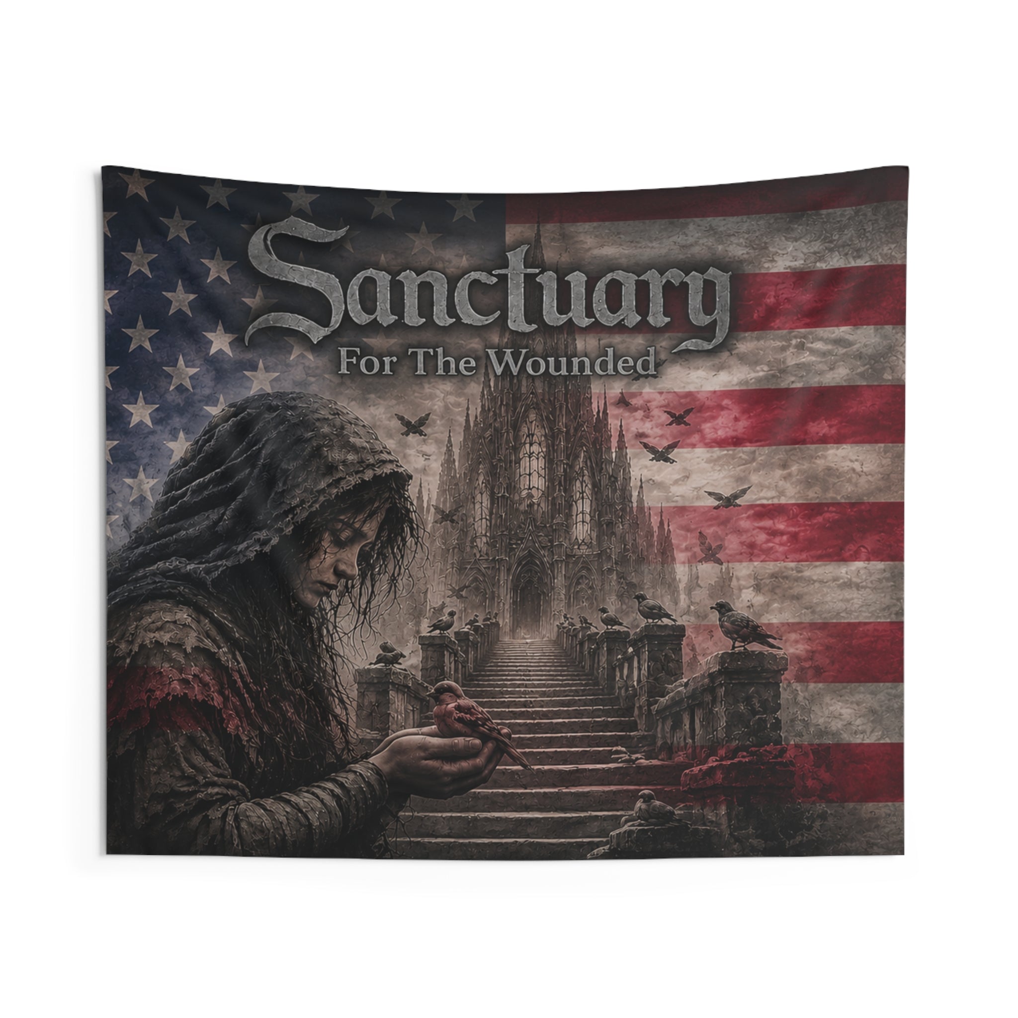 Sanctuary For The Wounded™ Gothic American Flag Wall Tapestry | Christian Rock & Metal Wall Art