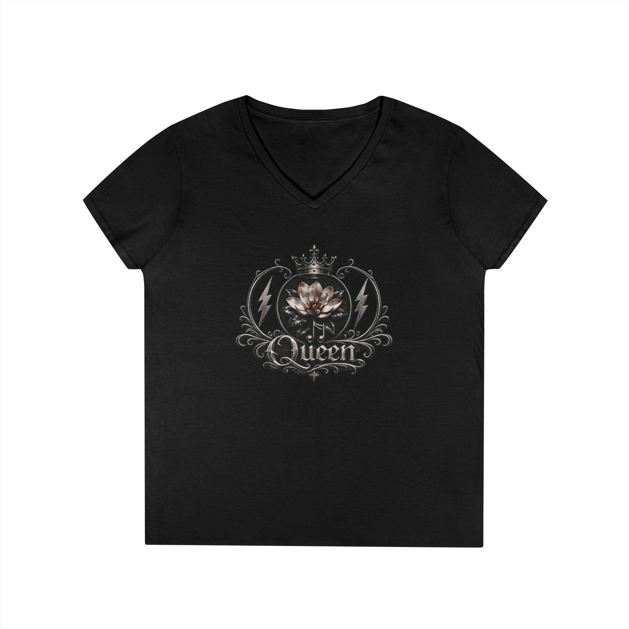 Queen - Skull V-Neck Tee — Gothic Floral Crown Ladies' T-Shirt