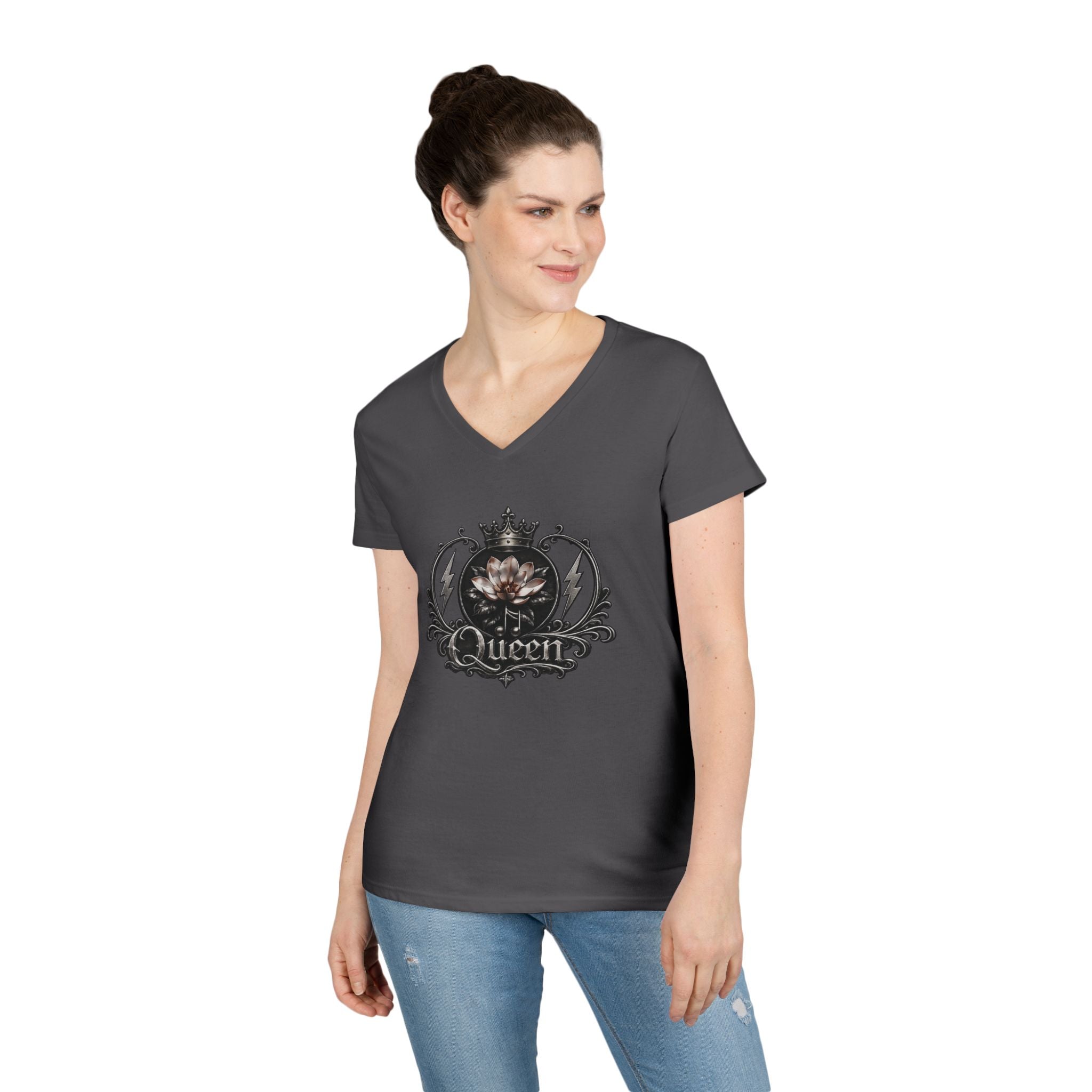 Queen - Skull V-Neck Tee — Gothic Floral Crown Ladies' T-Shirt