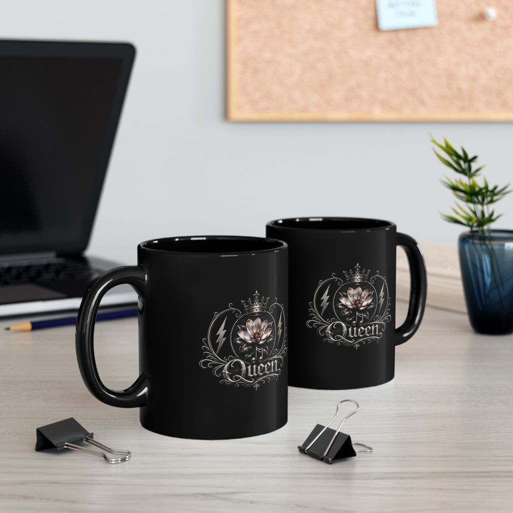 Queen Floral Black Mug — Elegant Crown & Lotus Coffee Cup (11oz/15oz)