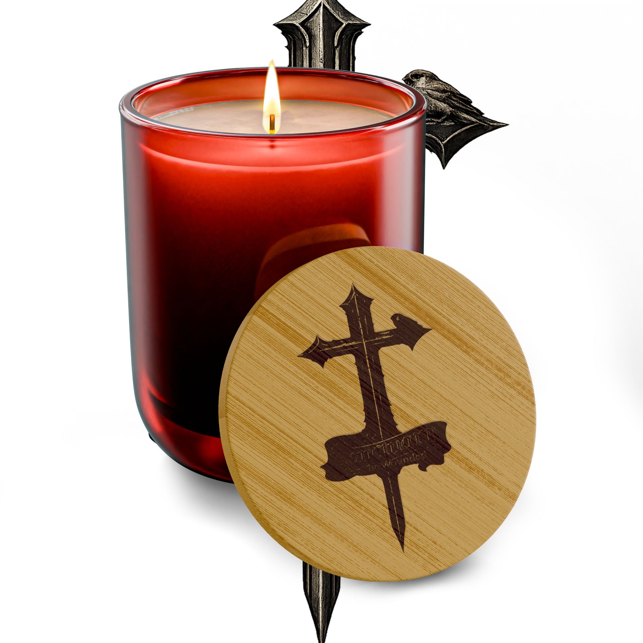 Sanctuary For the Wounded - Engraved Cross Soy Candle 14oz — Scented Bamboo Lid Candle for Prayer & Home Decor