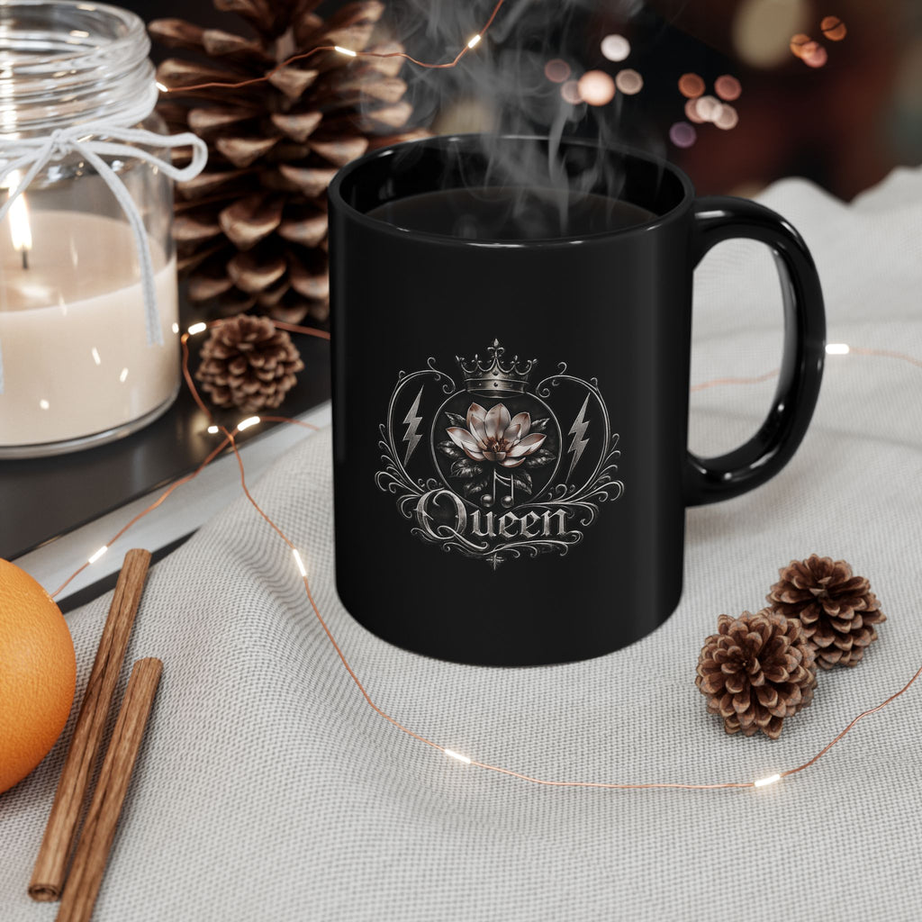 Queen Floral Black Mug — Elegant Crown & Lotus Coffee Cup (11oz/15oz)