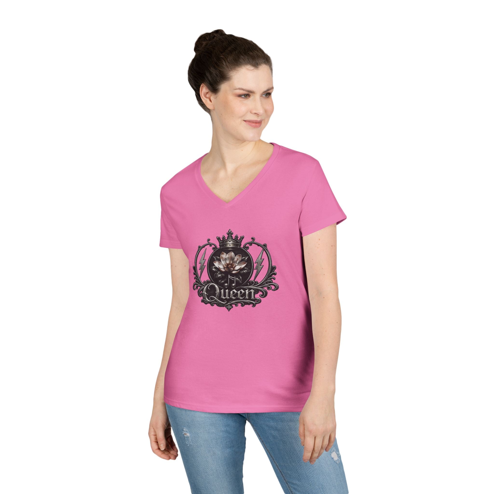 Queen - Skull V-Neck Tee — Gothic Floral Crown Ladies' T-Shirt