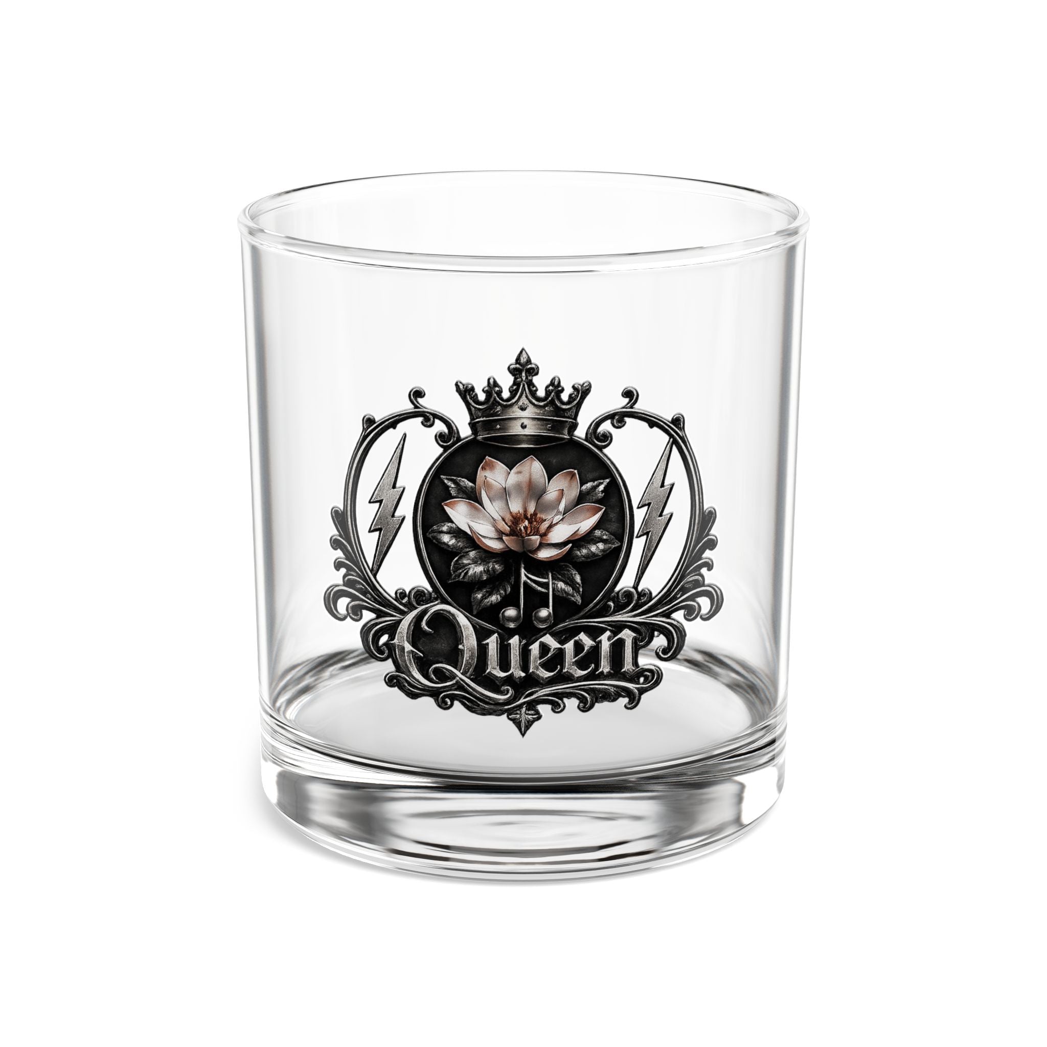 Queen Emblem 10oz Rocks Glass – Crowned Lotus Bar Whiskey Glass
