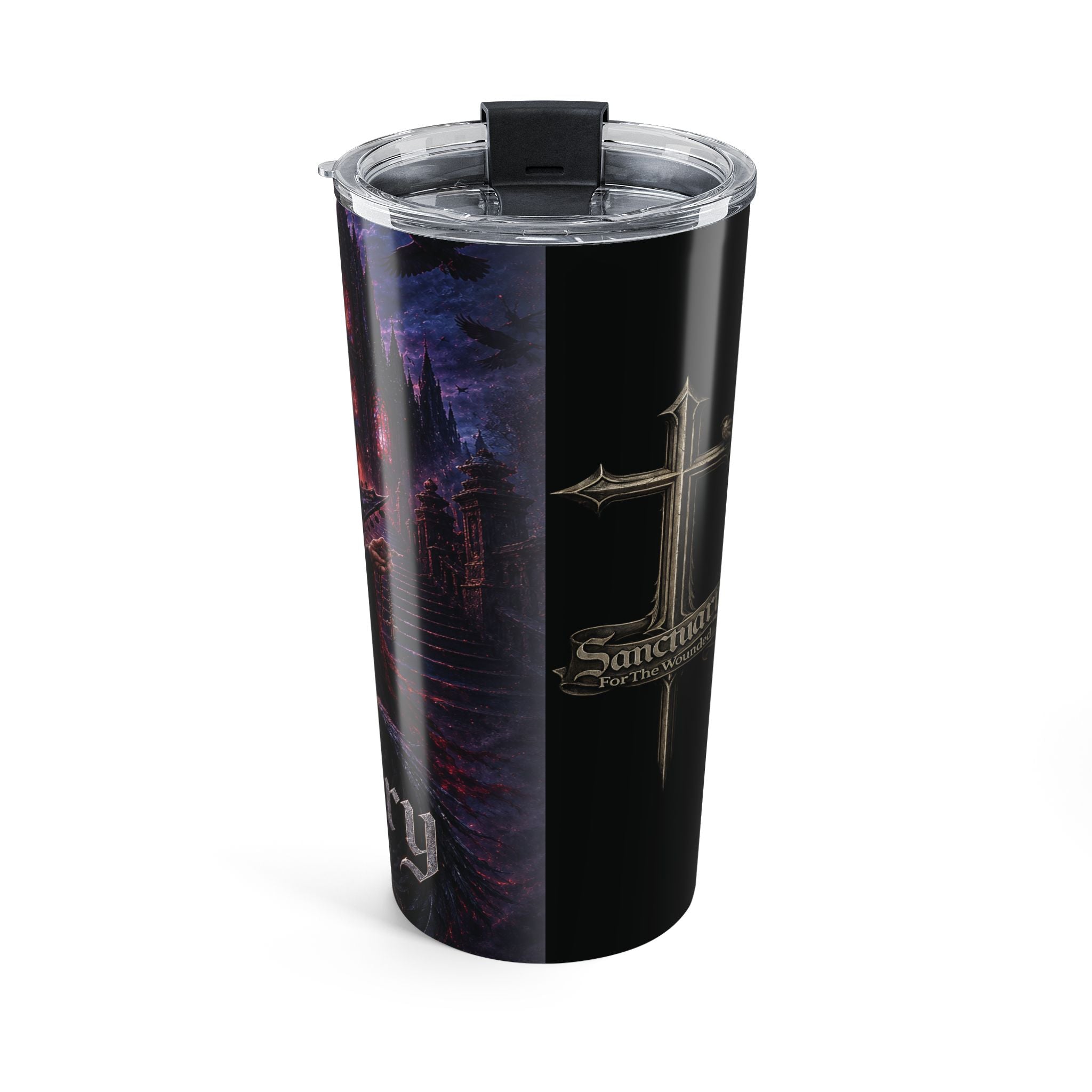 Sanctuary For The Wounded Rock Guitarist 20oz Tumbler — Heavy Metal Cross Design