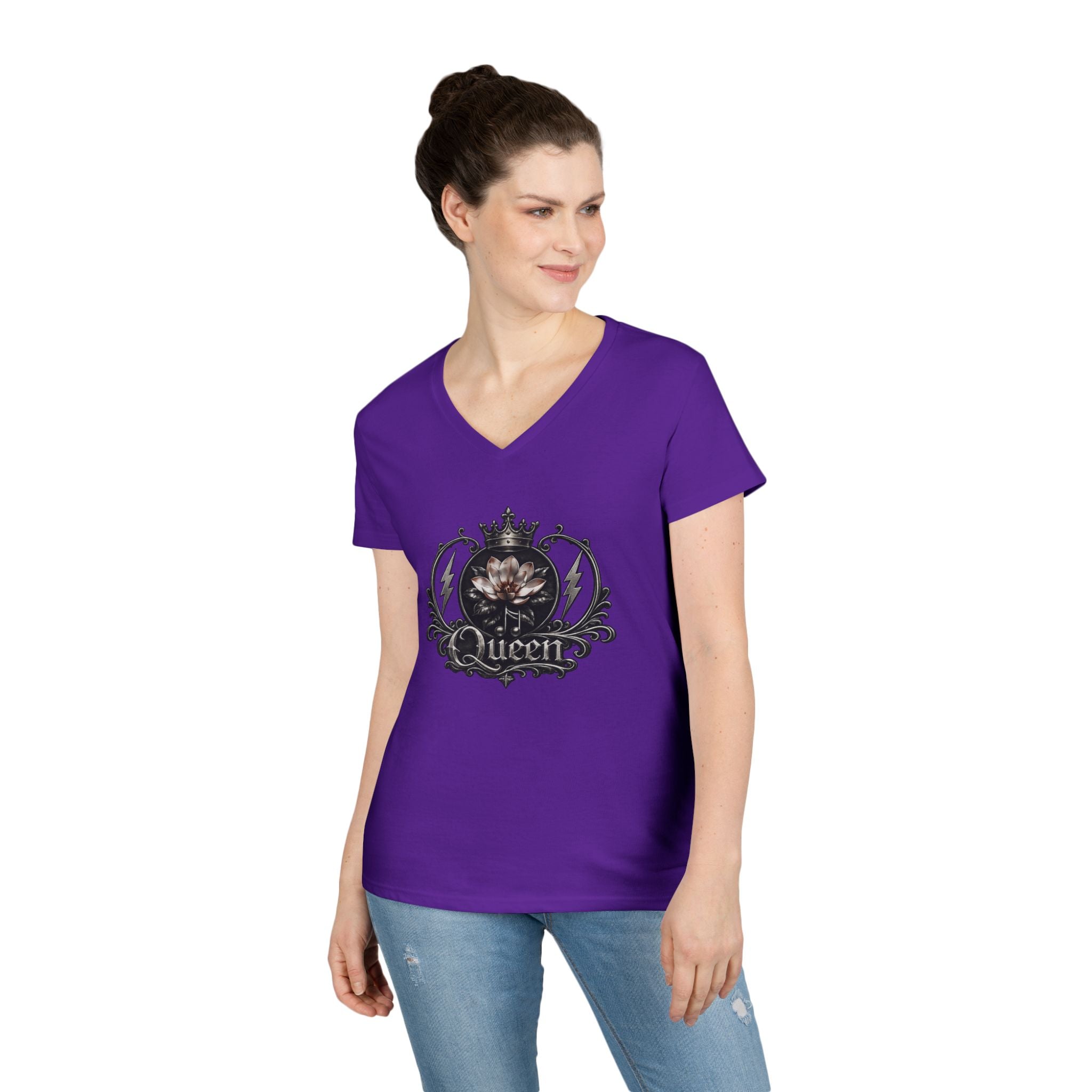 Queen - Skull V-Neck Tee — Gothic Floral Crown Ladies' T-Shirt