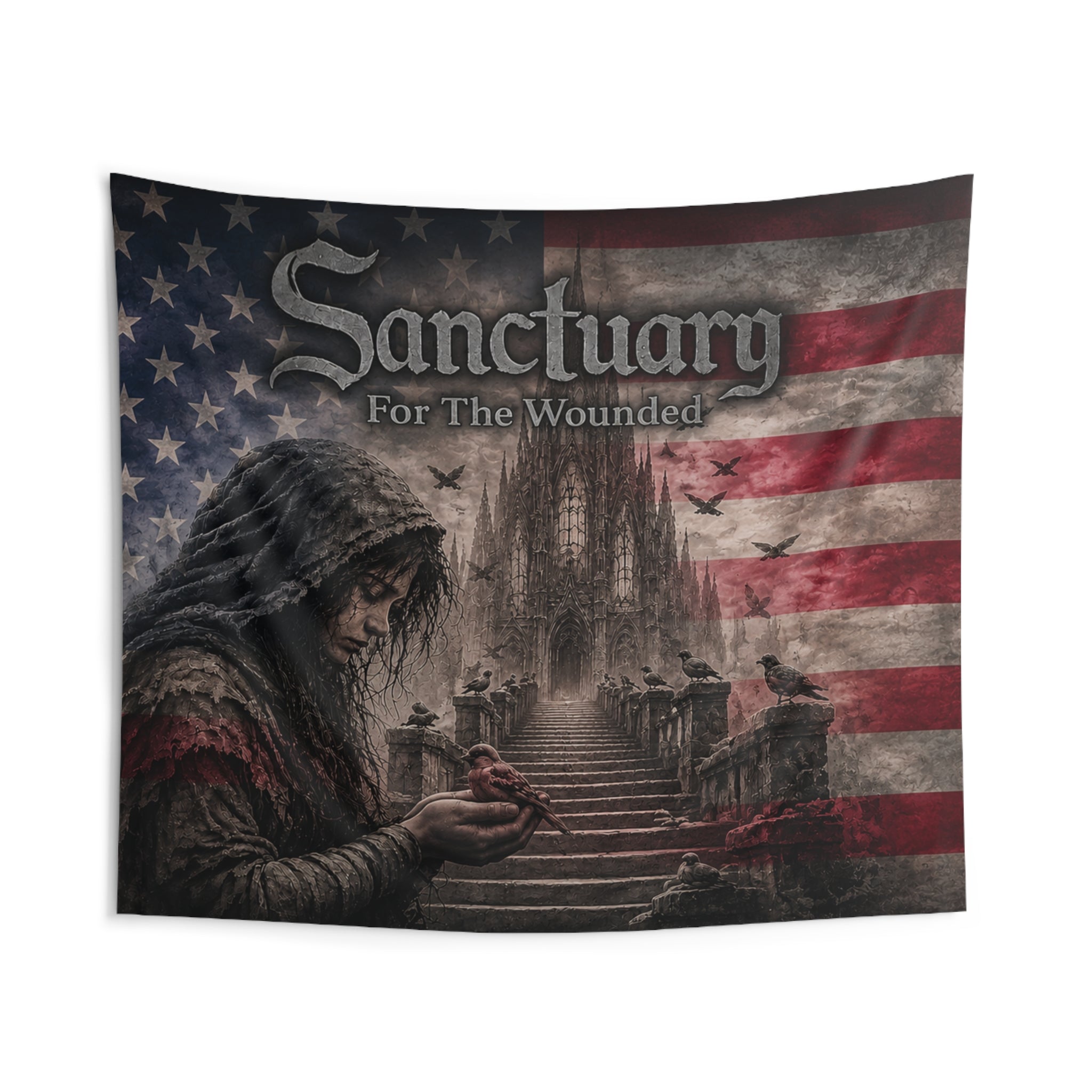 Sanctuary For The Wounded™ Gothic American Flag Wall Tapestry | Christian Rock & Metal Wall Art