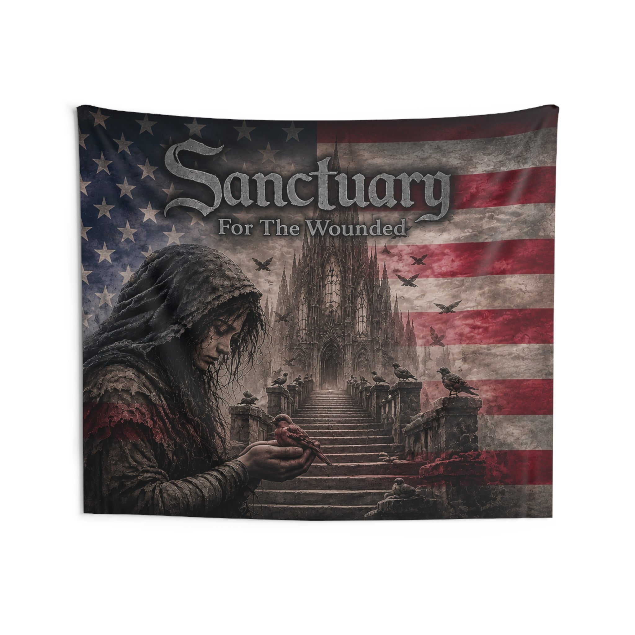 Sanctuary For The Wounded™ Gothic American Flag Wall Tapestry | Christian Rock & Metal Wall Art