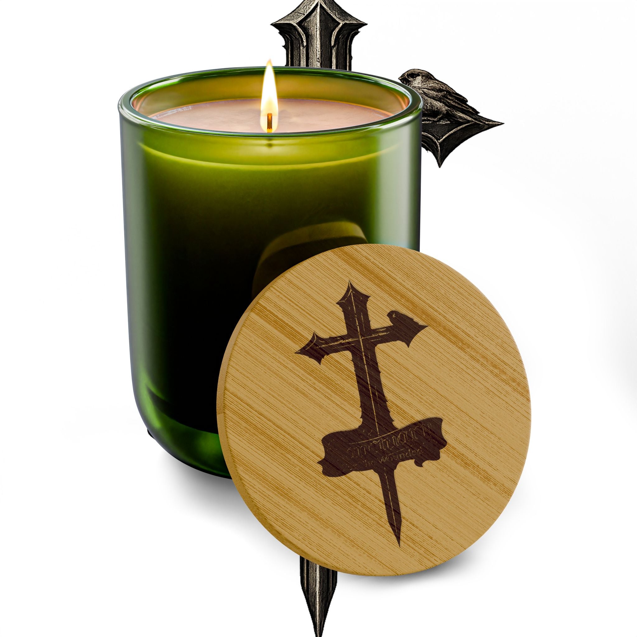 Sanctuary For the Wounded - Engraved Cross Soy Candle 14oz — Scented Bamboo Lid Candle for Prayer & Home Decor