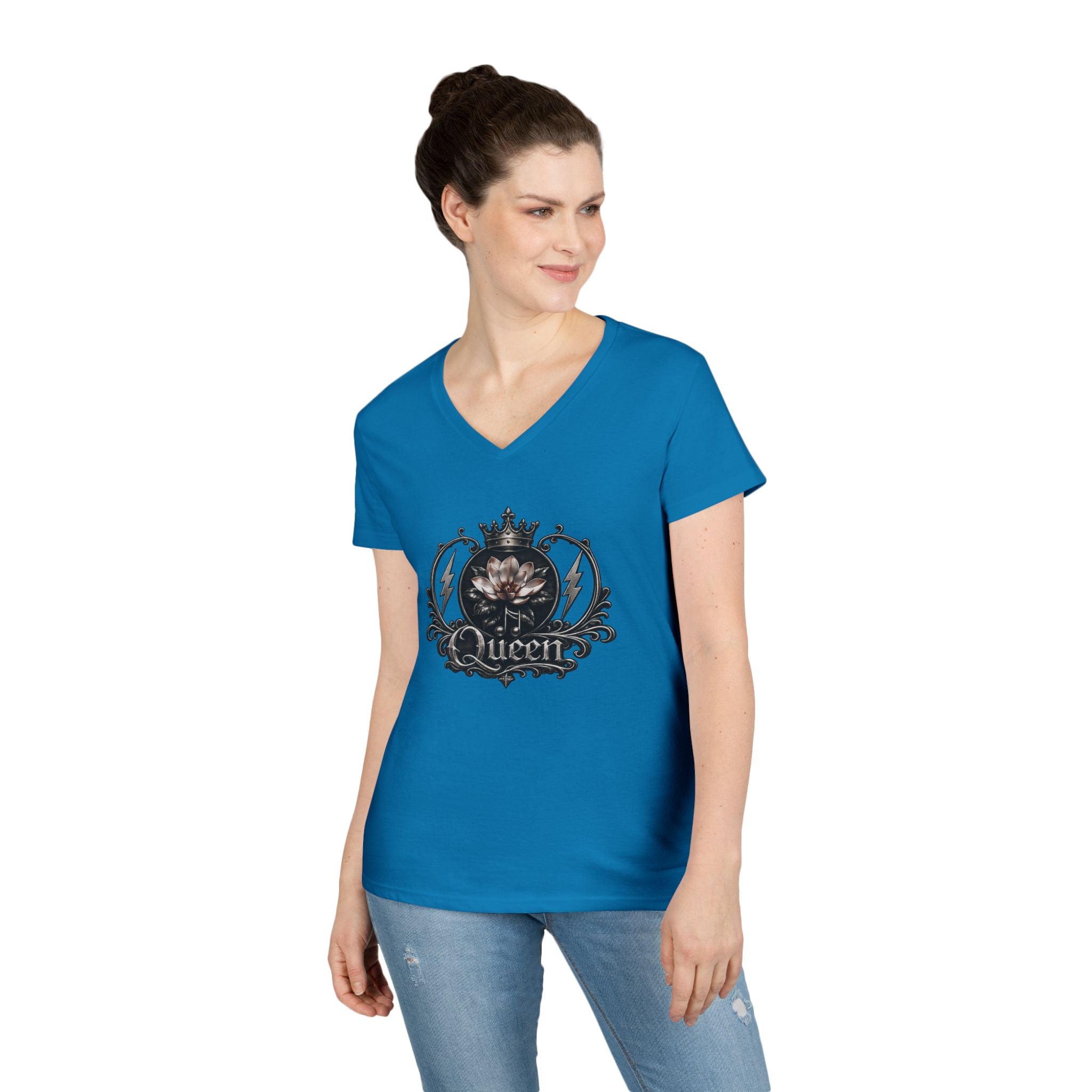 Queen - Skull V-Neck Tee — Gothic Floral Crown Ladies' T-Shirt