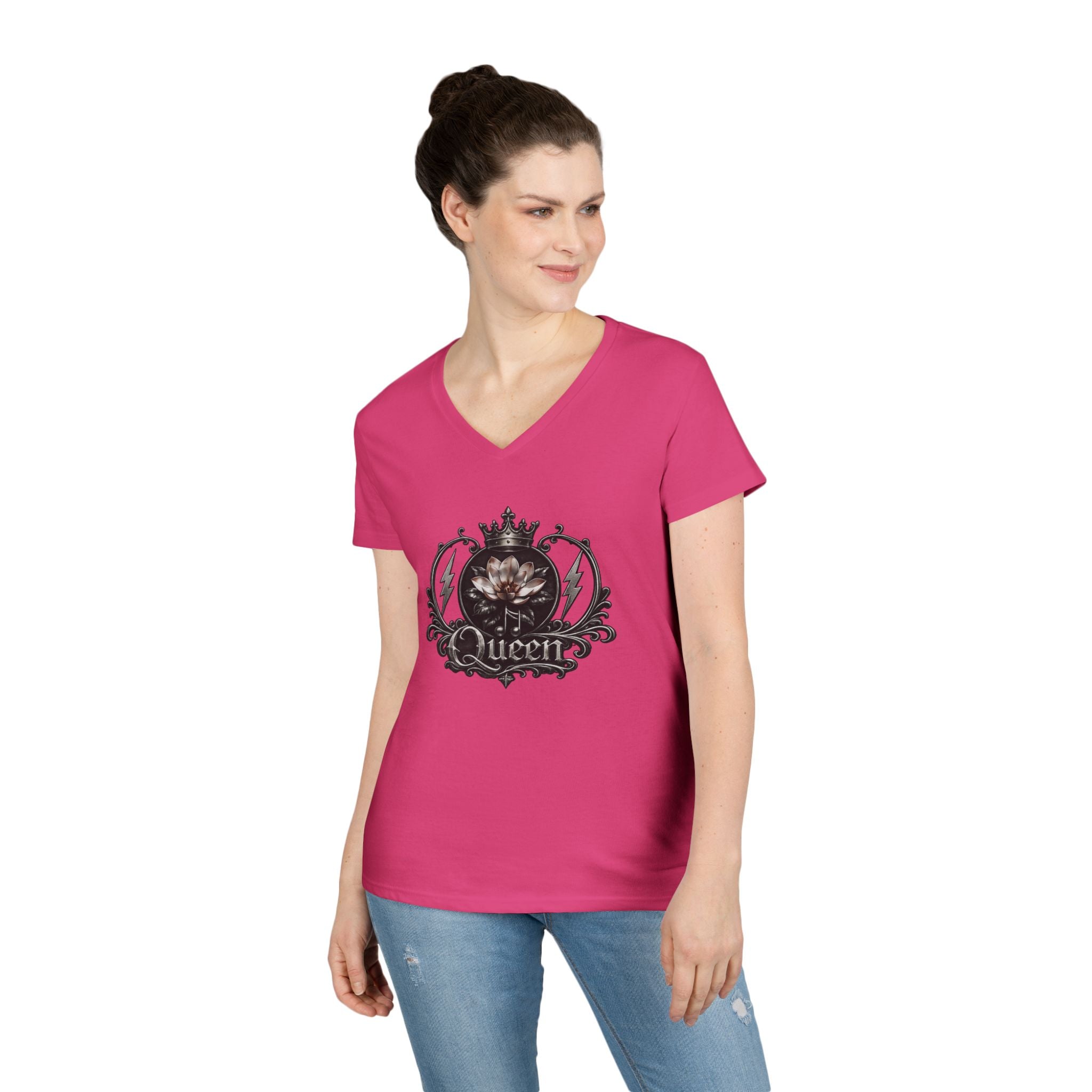 Queen - Skull V-Neck Tee — Gothic Floral Crown Ladies' T-Shirt
