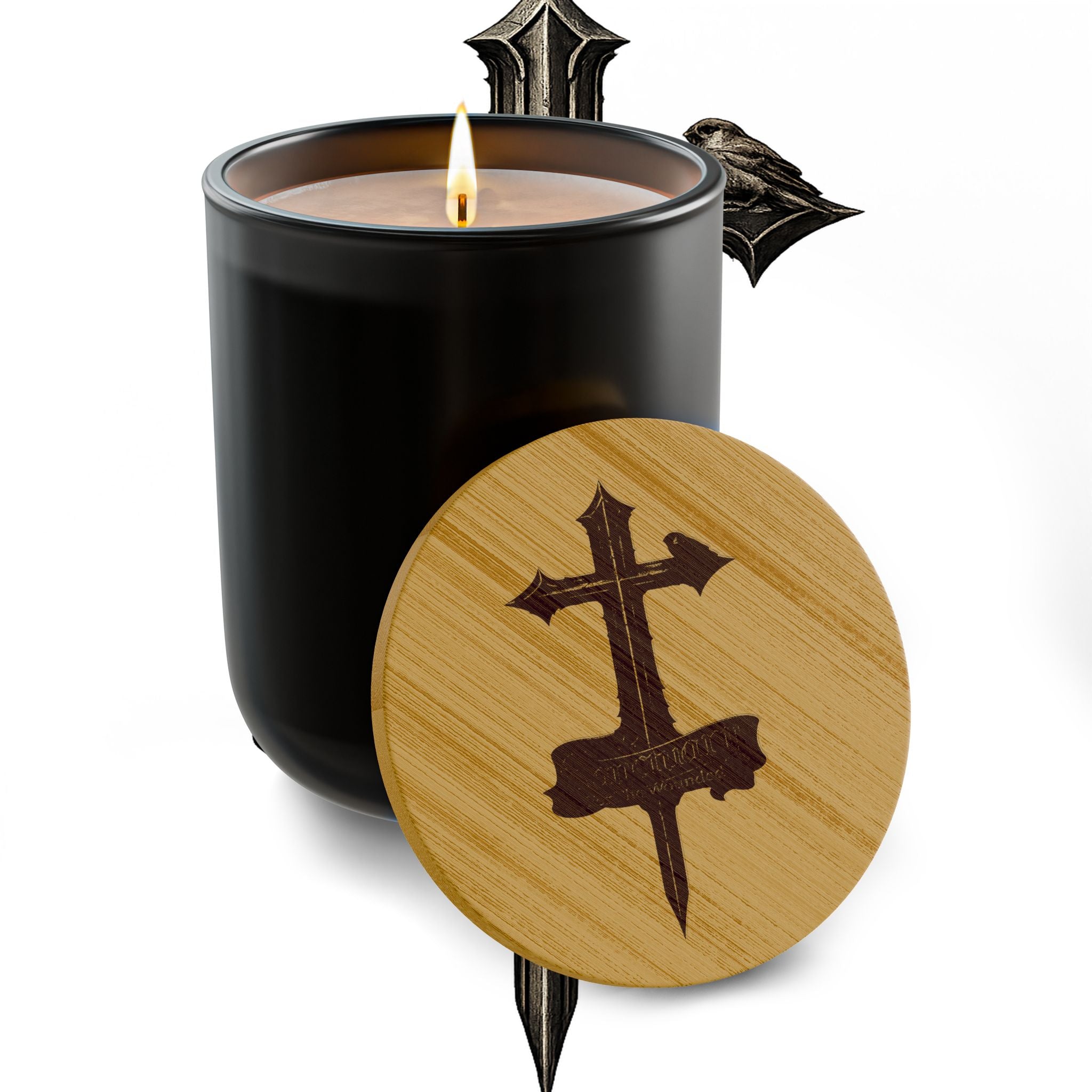 Sanctuary For the Wounded - Engraved Cross Soy Candle 14oz — Scented Bamboo Lid Candle for Prayer & Home Decor