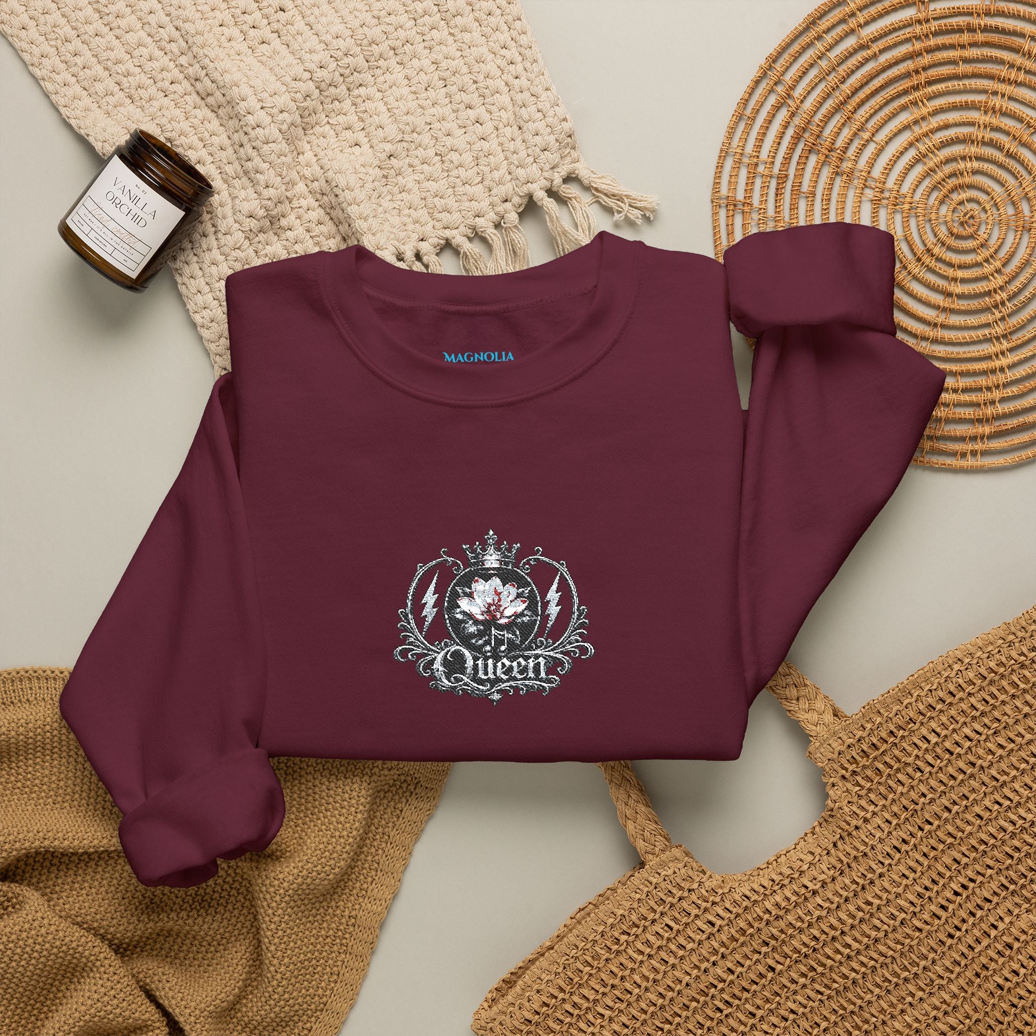 Queen - Floral Crest Crewneck Sweatshirt — Small Vintage Rose Emblem