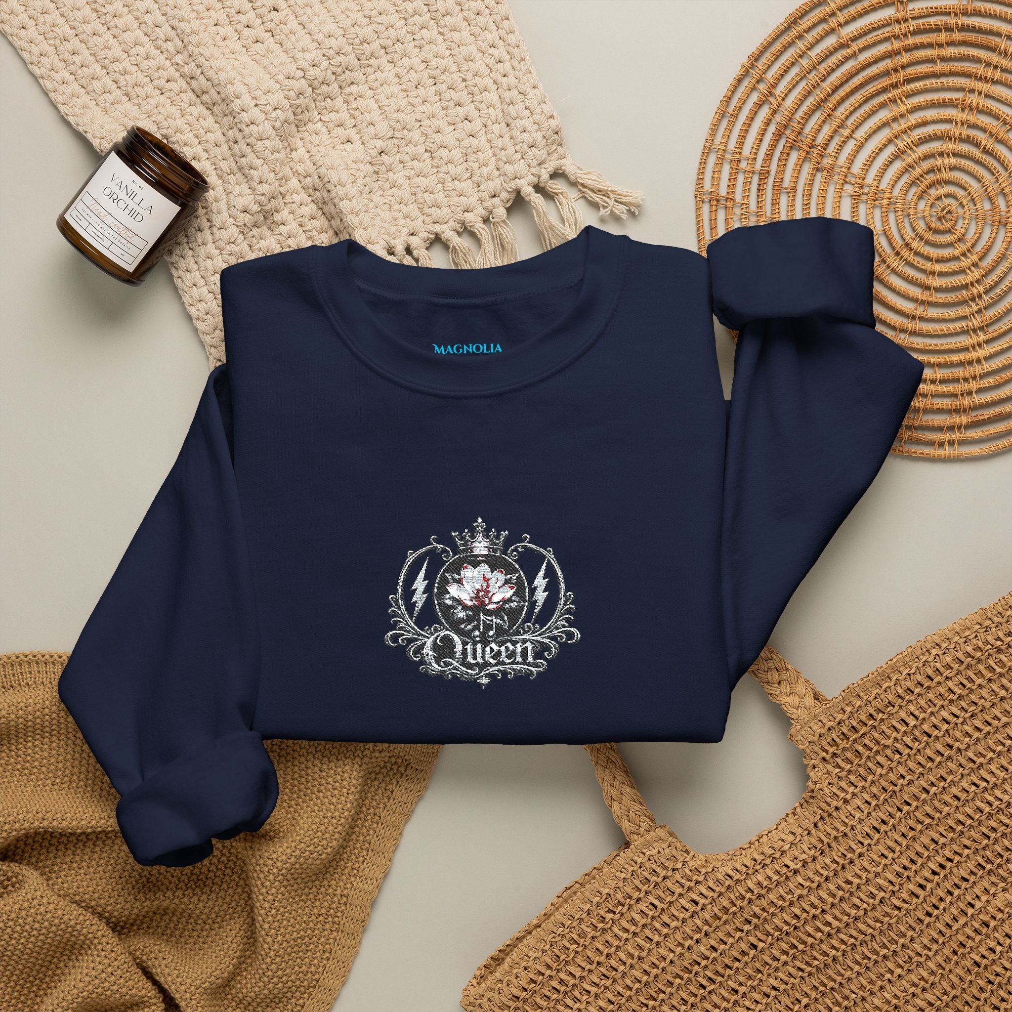Queen - Floral Crest Crewneck Sweatshirt — Small Vintage Rose Emblem