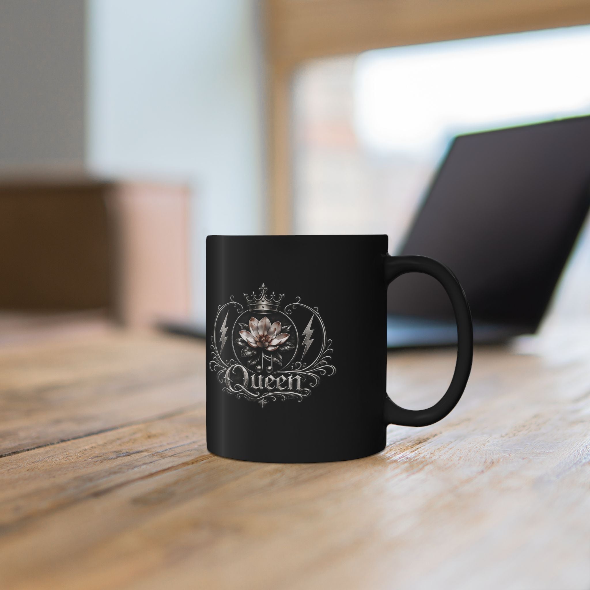 Queen Floral Black Mug — Elegant Crown & Lotus Coffee Cup (11oz/15oz)