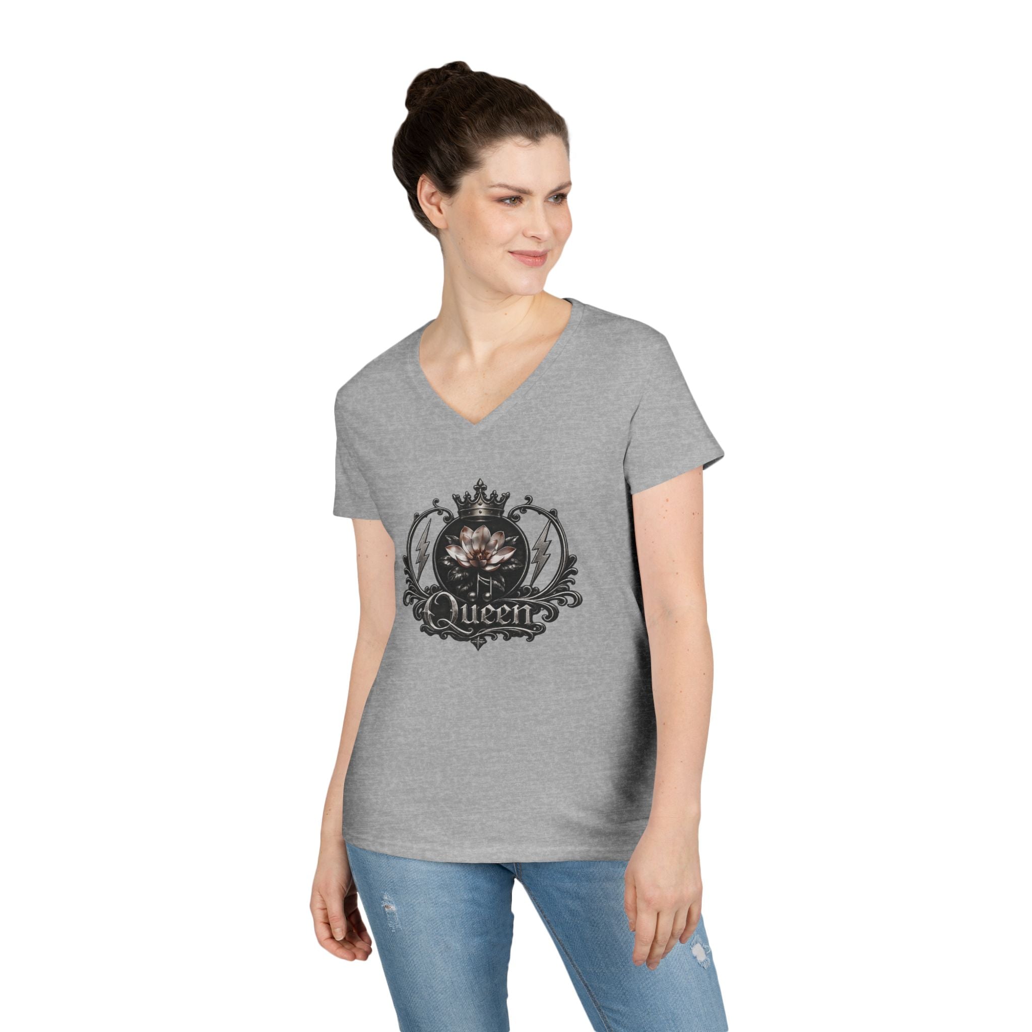 Queen - Skull V-Neck Tee — Gothic Floral Crown Ladies' T-Shirt