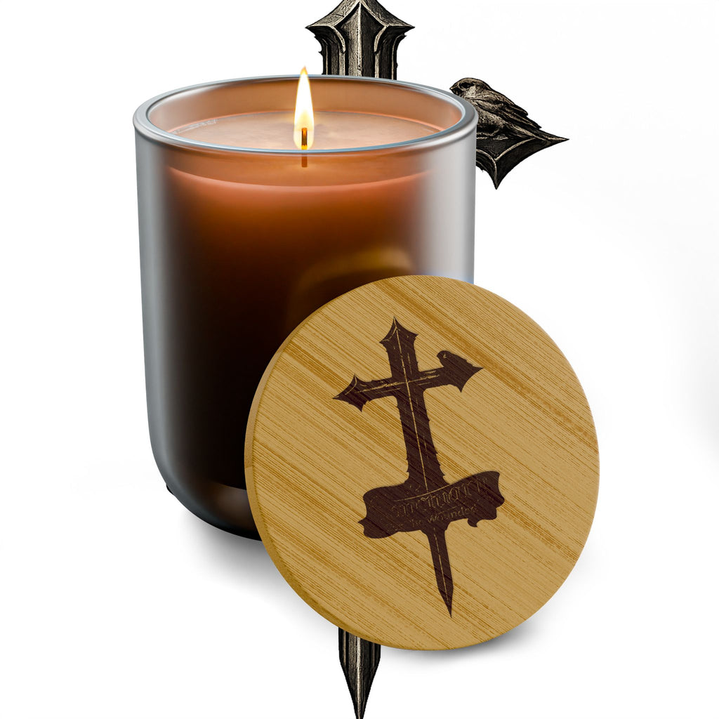 Sanctuary For the Wounded - Engraved Cross Soy Candle 14oz — Scented Bamboo Lid Candle for Prayer & Home Decor