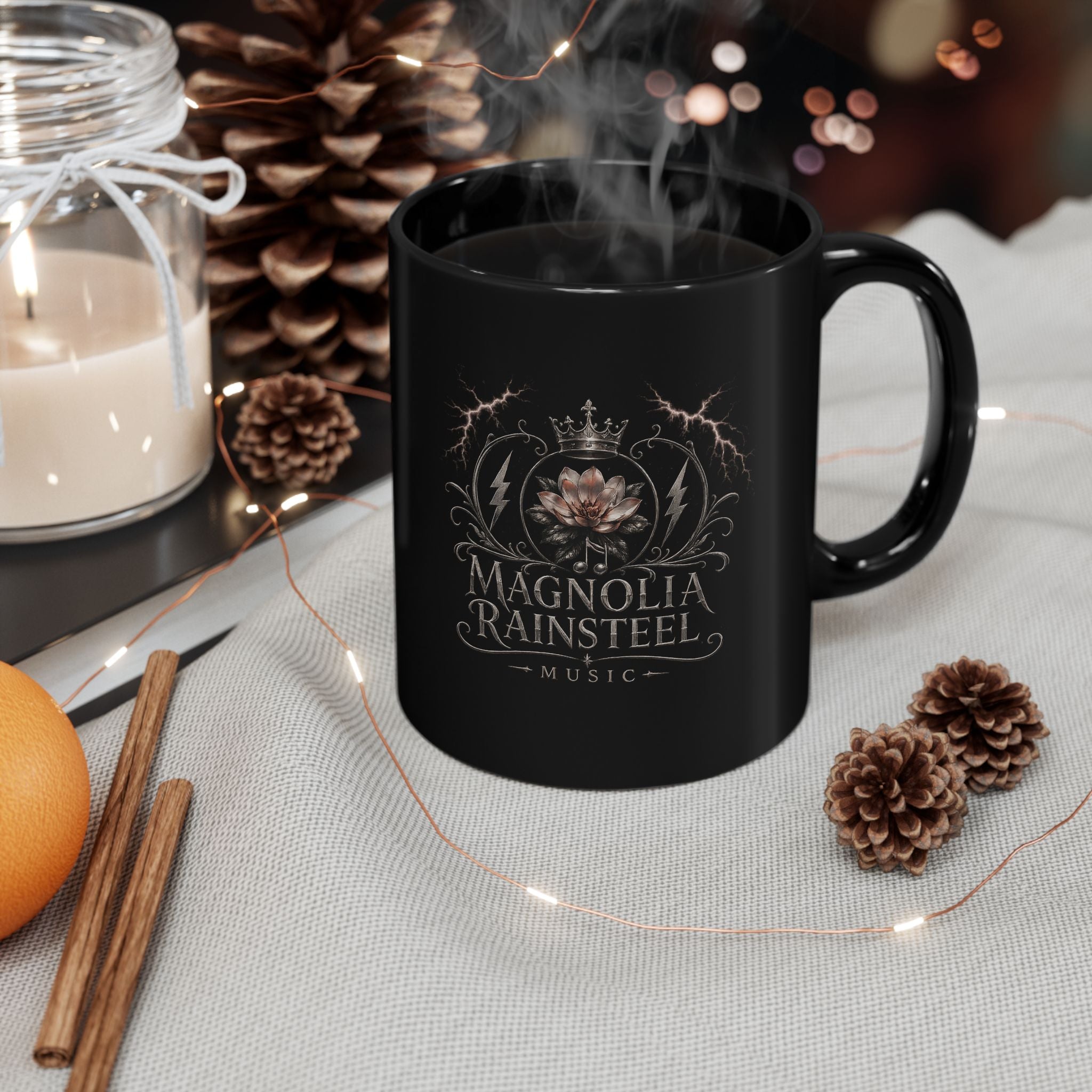 Magnolia Rainsteel Music - Black Coffee Mug - Official Floral Logo Mug - Queen Collection - Wear Your Crown