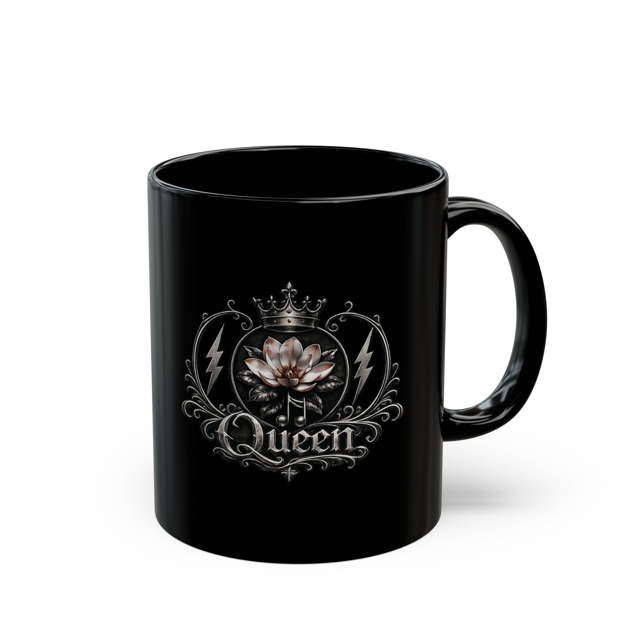 Queen Floral Black Mug — Elegant Crown & Lotus Coffee Cup (11oz/15oz)